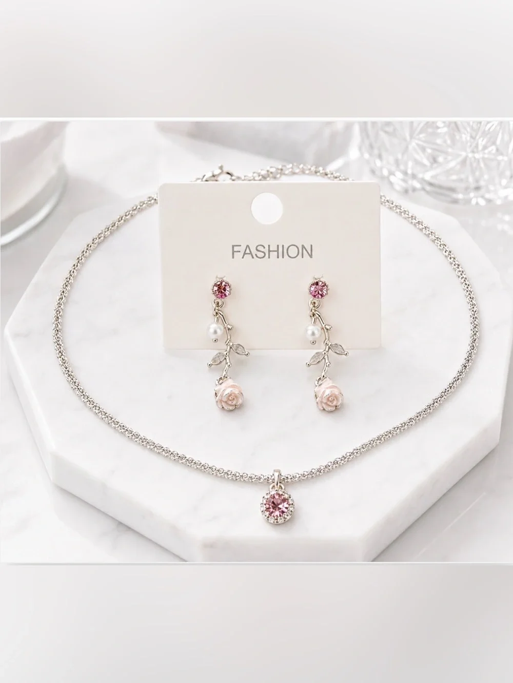 🌸 Pink Crystal Necklace & Rose Drop Earrings Set | Pearl Floral Jewelry | Femini